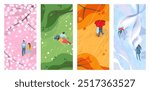 Seasonal backgrounds. Man and woman walking outdoor. Spring sakura cherry blossoms. Summer meadow. Winter sport. People skiing in mountains. Autumn trees. Vector nature seasons set