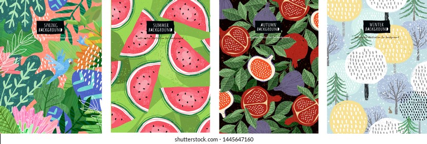 Seasonal backgrounds: spring, summer, autumn, winter. Vector abstract illustration of flowers, leaves, trees and fruits for patterns, wallpapers and cards.
