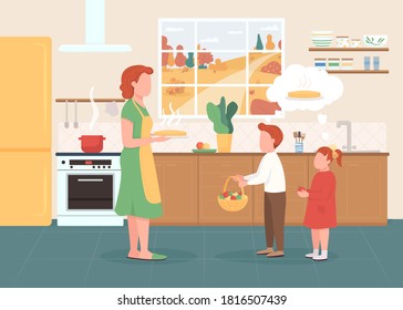 Seasonal baked treat flat color vector illustration. Mother give children apple pie. Kids bring fall fruit to mom. Family in kitchen 2D cartoon characters with interior on background