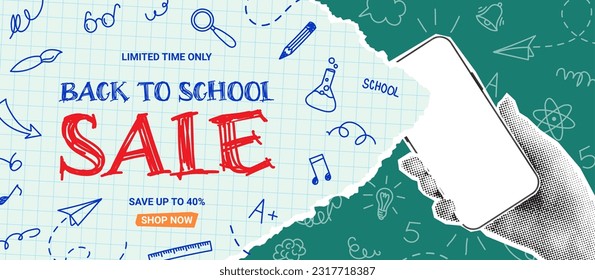 Seasonal banner for Back to school sale. Vector collage with halftone hand holding phone with torn paper, doodle elements. Retro banner concept for Back to school sale. Discount offer.