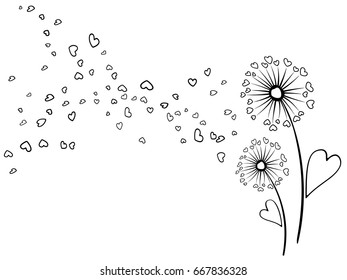 Seasonal banner with blow ball blossom vector pattern.  Love symbols, flying hearts. Summer vector card with dandelion flower, feather fluff petals and leaves. Black outline on white background..