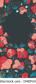 Seasonal banner with poppy flowers for print design. Flyer and wedding invitation design. Summer meadow pattern. Countryside millefleur trend. Dark background.