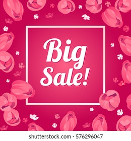 Seasonal big sale banner. Abstract vector card with fresh colorful background. Vintage design for woman and girl. Mothers day, 8 March, Easter holidays. Spring frame, white text, isolated pink flowers