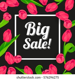 Seasonal big sale banner. Abstract vector card with fresh colorful background. Vintage design for woman and girl. Mothers day, 8 March, Easter holidays. Spring frame, white text, isolated pink flowers