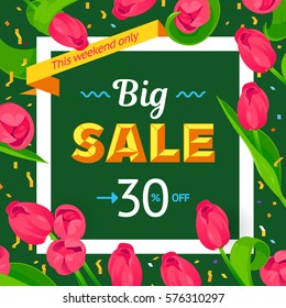 Seasonal big sale banner. Vector card 30 percent off. Hipster style with lines and zig-zag, fresh colorful background. Mother's day, 8 March, Easter design. White spring holiday frame, text, flowers