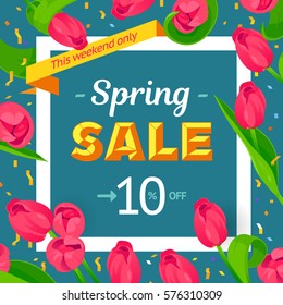 Seasonal big sale banner. Vector card 10 percent off. Hipster style with lines and zig-zag, fresh colorful background. Mother's day, 8 March, Easter design. White spring holiday frame, text, flowers