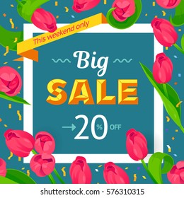 Seasonal big sale banner. Vector card 20 percent off. Hipster style with lines and zig-zag, fresh colorful background. Mother's day, 8 March, Easter design. White spring holiday frame, text, flowers