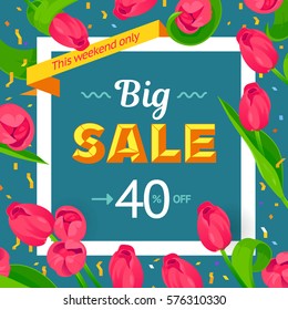 Seasonal big sale banner. Vector card 40 percent off. Hipster style with lines and zig-zag, fresh colorful background. Mother's day, 8 March, Easter design. White spring holiday frame, text, flowers