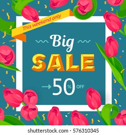 Seasonal big sale banner. Vector card 50 percent off. Hipster style with lines and zig-zag, fresh colorful background. Mother's day, 8 March, Easter design. White spring holiday frame, text, flowers