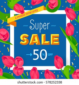 Seasonal big sale banner. Vector card 50% off. Hipster style with lines and zig-zag, fresh colorful background. Mother's day, 8 March, Easter design. Abstract white spring holiday frame, text, flowers