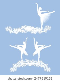 seasonal border made of pine tree branches with beautiful ballerina girl standing en pointe - white vector handdrawn silhouette set for winter season ballet design