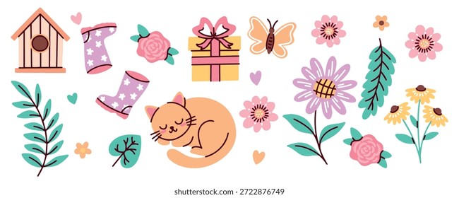 Pacote sazonal com caixa de presente de borboleta gato e muitas flores. Perfeito para saudações de férias decoração de festa de verão e marca de produto orgânico.