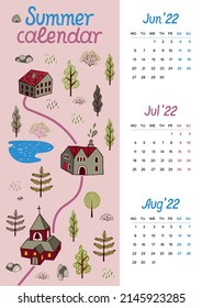 Seasonal calendar. Summer. Divider sheet for the diary. Hand-drawn landscape with cozy houses.