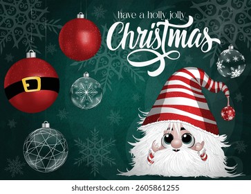 A seasonal card featuring a joyful character with a hat adorned in red stripes.