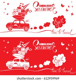 Seasonal card with small cute retro travel car with luggage on red and white background. Calligraphic handwritten text Time to travel. Element for summer greeting cards, posters and t-shirts printing.