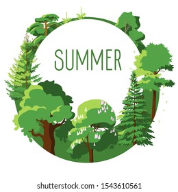 Seasonal card of summer trees. Deciduous and coniferous trees are all green. The composition is composed around a white background with the inscription summer. Vector illustration.
