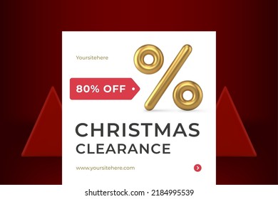 Seasonal Christmas clearance sale percentage social media post template premium design realistic 3d icon vector illustration. Xmas winter holiday discount golden percent bauble decorative web banner