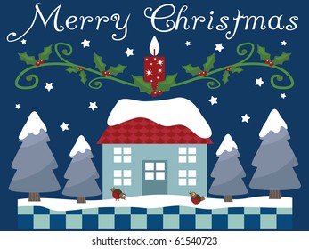 seasonal christmas greeting card with house, trees and snow