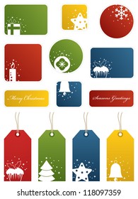 seasonal christmas labels and gift tags with motifs, isolated on white