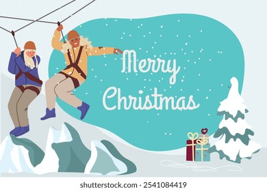 Seasonal christmas, new year illustration, winter holidays, design template, print or web, banner, horizontal. People in helmet climb in rope park with zipline. Excited friends ride on zip line. 