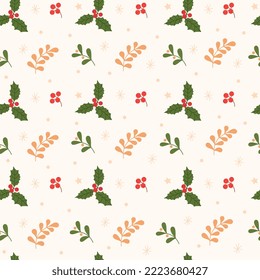 Seasonal Christmas seamless vintage pattern with holly, berries, mistletoe, snowflakes and branches. Traditional design. Cartoon flat style.