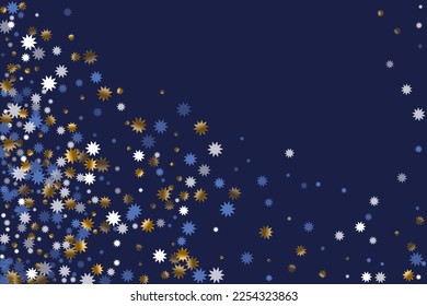 Seasonal Christmas star holiday background illustration. Gold blue white twinkle decoration. Banner starburst pattern. Christmas star icon confetti. Winter luxury print.