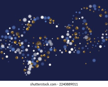 Diseño gráfico estacional del patrón vectorial de estrella navideña. Confeti dorado blanco brillante. Fondo del afiche de copo de nieve. Brillante de símbolo de estrella de Navidad. Fondo de pantalla festivo.