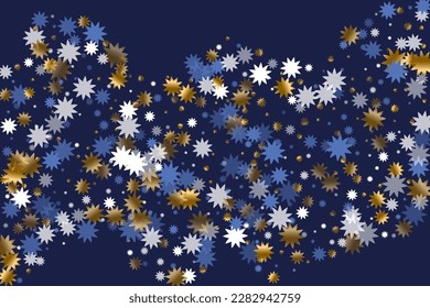 Seasonal Christmas star vector pattern graphic design. Gold blue white sparkle decoration. Poster snowflake backdrop. Christmas star shape particles. Party elegant explosion.