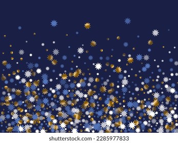 Weihnachtsstar-Vektorgrafik-Design für Weihnachtssterne. Goldblauer Konfetti mit weißem Funkeln. Banner-Hintergrund. Weihnachtsstern Ikone Konfetti. Kristallfeste Tapete.