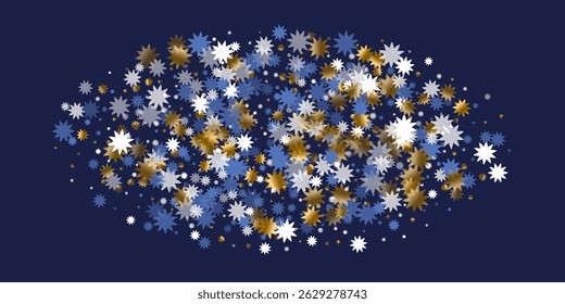 Natal sazonal estrela vetor padrão ilustração. Confete azul dourado e branco. Ornamento starburst pôster. O brilho de forma de estrela de Natal. Uma bela decoração.