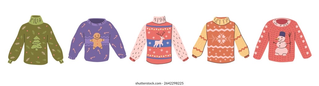 Seasonal Christmas ugly sweaters. Vector isolated flat cardigans and knitted pullovers with winter time ornaments, pine tree, candy and gingerbread man, deer and snowman, snowflakes
