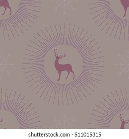 Seasonal Christmas/New Year's pattern featuring a reindeer, rays and snowflakes on a greyish purplish background. Vector illustration with isolated elements in pastel colors.
