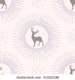 Seasonal Christmas/New Year's pattern featuring a reindeer, rays and snowflakes on a light background. Vector illustration with isolated elements in pastel colors.
