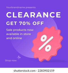 Seasonal clearance sale for products available in store and online shop promo post landing page vector illustration. Discount special offer low price for goods purchase with percentage 3d icon