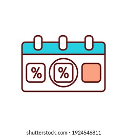 Seasonal clearance sale schedule RGB color icon. Smart shopping tips. Commercial event, marketing strategy. End of season discount. Percent off purchase. Isolated vector illustration