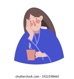 Seasonal cold, flu, malaise, fever, illness. Sick woman with a thermometer and a cup of hot drink. Vector stock illustration in flat style.