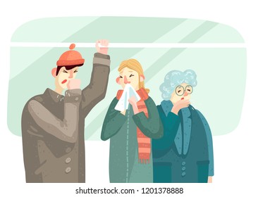 Seasonal cold and flu. People cough in public transport. Vector Illustration.