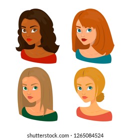 Seasonal color analysis. Face of female of different types. Winter, summer, spring and autumn girl. Skin and hair type. Woman avatar.