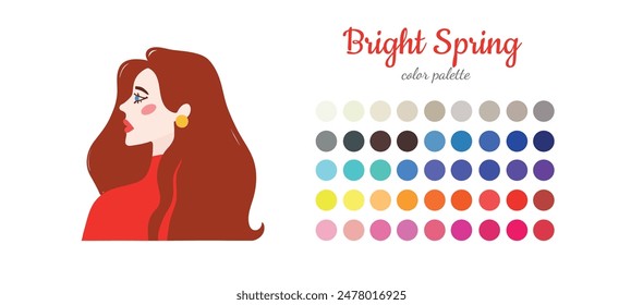 Seasonal color analysis. Color guide for stylist, palette for  type Spring. Portrait of a girl in a seasonal color palette. Vector illustration, easy to change color