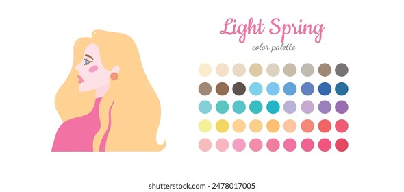 Seasonal color analysis. Color guide for stylist, palette for  type Spring. Portrait of a girl in a seasonal color palette. Vector illustration, easy to change color