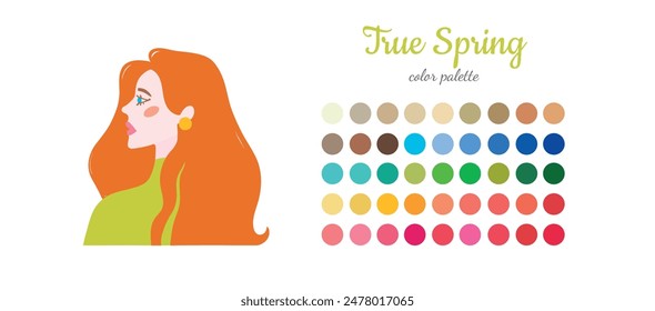 Seasonal color analysis. Color guide for stylist, palette for  type Spring. Portrait of a girl in a seasonal color palette. Vector illustration, easy to change color