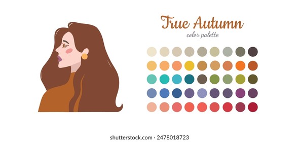 Seasonal color analysis. Color guide for stylist, palette for  type Autumn. Portrait of a girl in a seasonal color palette. Vector illustration, easy to change color