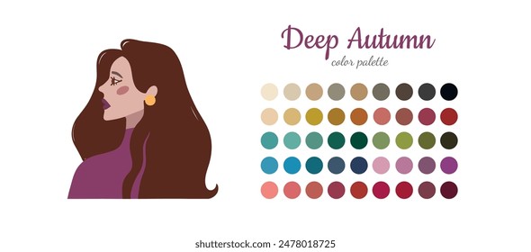 Seasonal color analysis. Color guide for stylist, palette for  type Autumn. Portrait of a girl in a seasonal color palette. Vector illustration, easy to change color