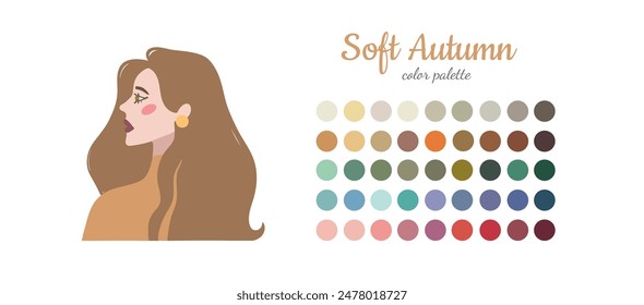 Seasonal color analysis. Color guide for stylist, palette for  type Autumn. Portrait of a girl in a seasonal color palette. Vector illustration, easy to change color