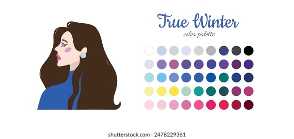 Seasonal color analysis. Color guide for stylist, palette for  type Winter. Portrait of a girl in a seasonal color palette. Vector illustration, easy to change color