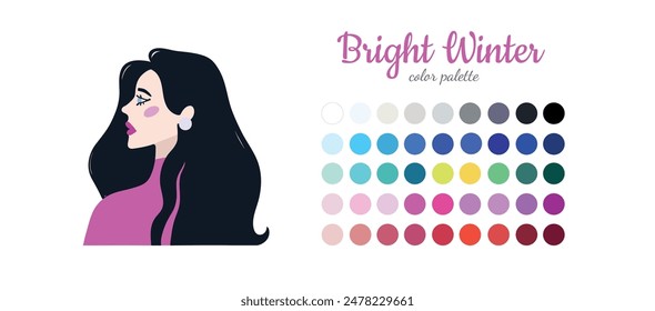 Seasonal color analysis. Color guide for stylist, palette for  type Winter. Portrait of a girl in a seasonal color palette. Vector illustration, easy to change color
