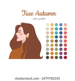 Seasonal color analysis. Color guide for stylist, palette for  type Autumn. Portrait of a girl in a seasonal color palette. Vector illustration, easy to change color