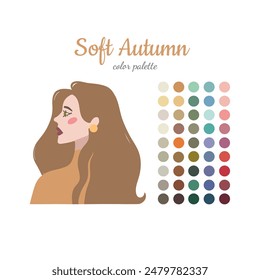 Seasonal color analysis. Color guide for stylist, palette for  type Autumn. Portrait of a girl in a seasonal color palette. Vector illustration, easy to change color