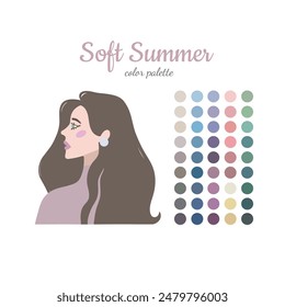 Análisis de color estacional. Guía de color para estilista, paleta para tipo Verano. Retrato de una niña en una paleta de colores estacionales. Ilustración vectorial, fácil de cambiar de color