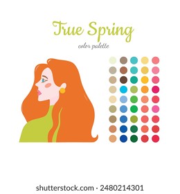 Seasonal color analysis. Color guide for stylist, palette for  type Spring. Portrait of a girl in a seasonal color palette. Vector illustration, easy to change color